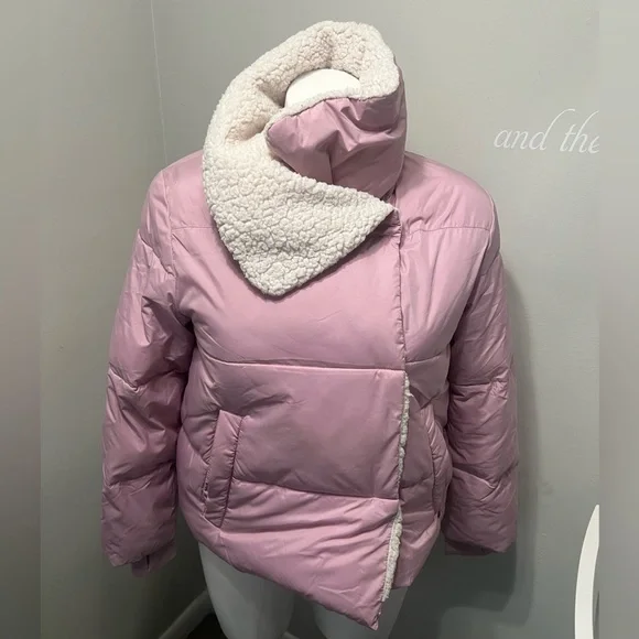 UGG Light Pink Puffer Jacket with Cream Faux Fur - Picture 1 of 8